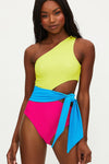 Colorblock Ribbed One Shoulder Cut Out Self-Tie One Piece Swimsuit