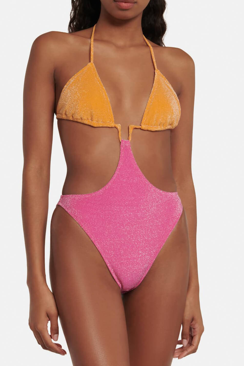 Colorblock Shimmer Cut-Out Halter One Piece Swimsuit