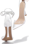 Diamante Bow Embellished Faux Leather Clear Perspex Strap Open Pointed Toe Ankle Heeled Sandals - White