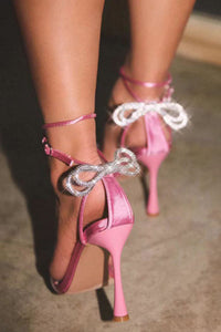 Diamante Bow Embellished Faux Leather Clear Perspex Strap Open Pointed Toe Ankle Heeled Sandals - Hot Pink