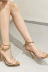 Diamante Bow Embellished Faux Leather Clear Perspex Strap Open Pointed Toe Ankle Heeled Sandals - Nude