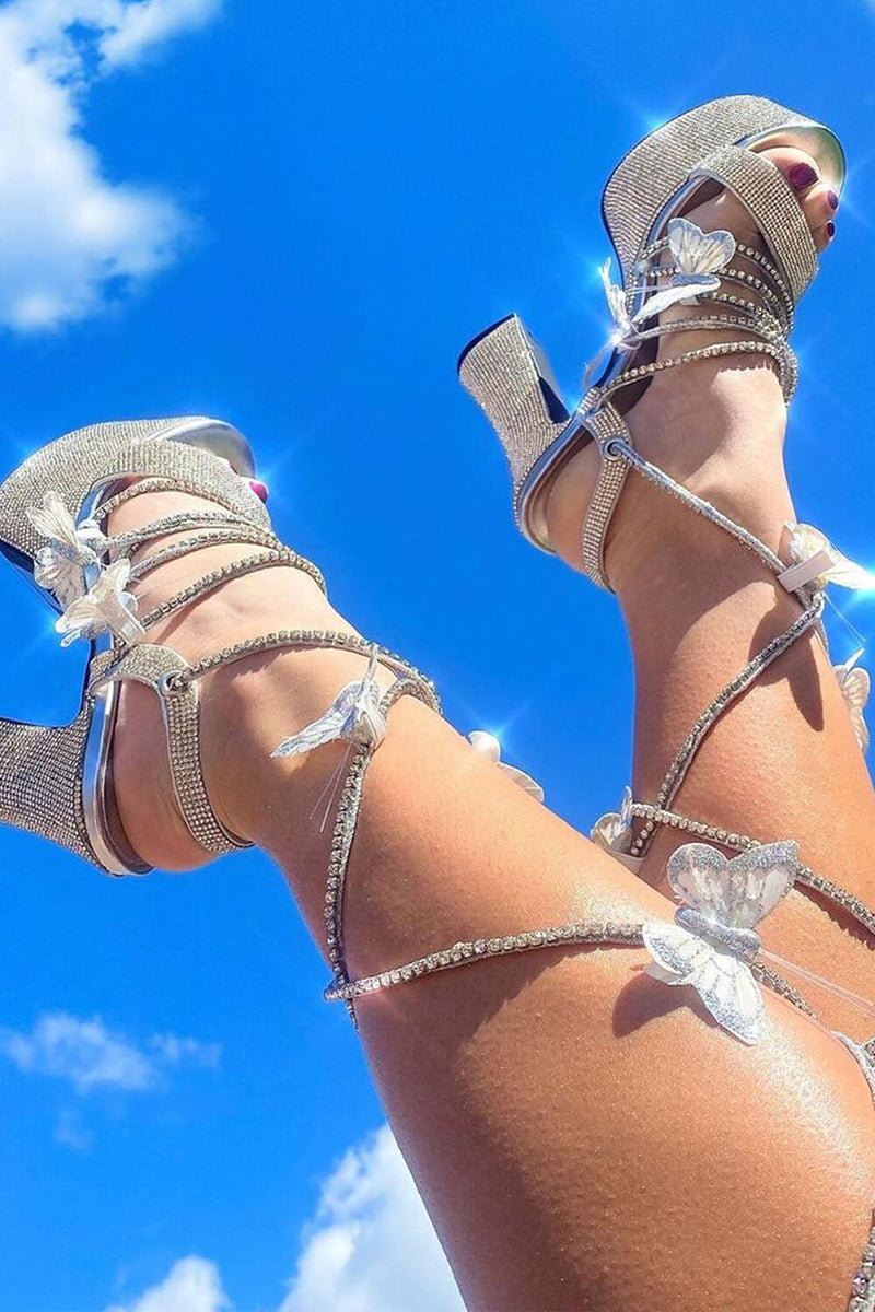 Glittery Rhinestone Butterfly Detailed Wrap Strappy Chunky Platform Lace Up Heels