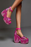 Rhinestone-Embellished Faux Leather Peep Toe Wedge Heeled Ankle Sandals