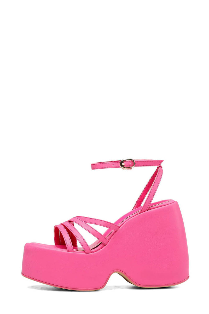 Faux Leather Strappy Peep Toe Wedge Heeled Ankle Sandals - Hot Pink
