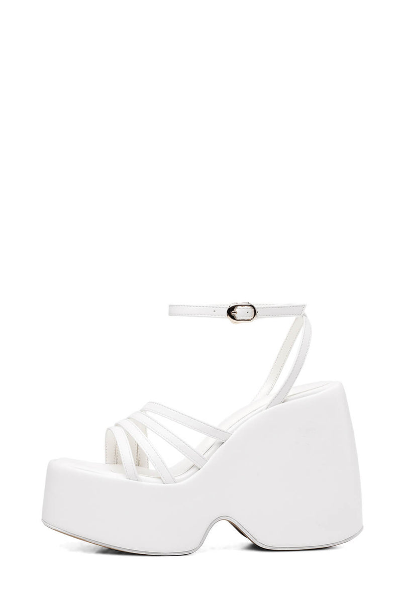 Faux Leather Strappy Peep Toe Wedge Heeled Ankle Sandals - White