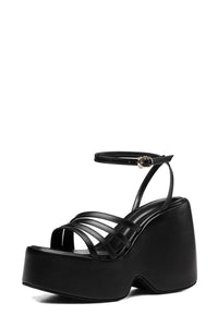 Faux Leather Strappy Peep Toe Wedge Heeled Ankle Sandals - Black