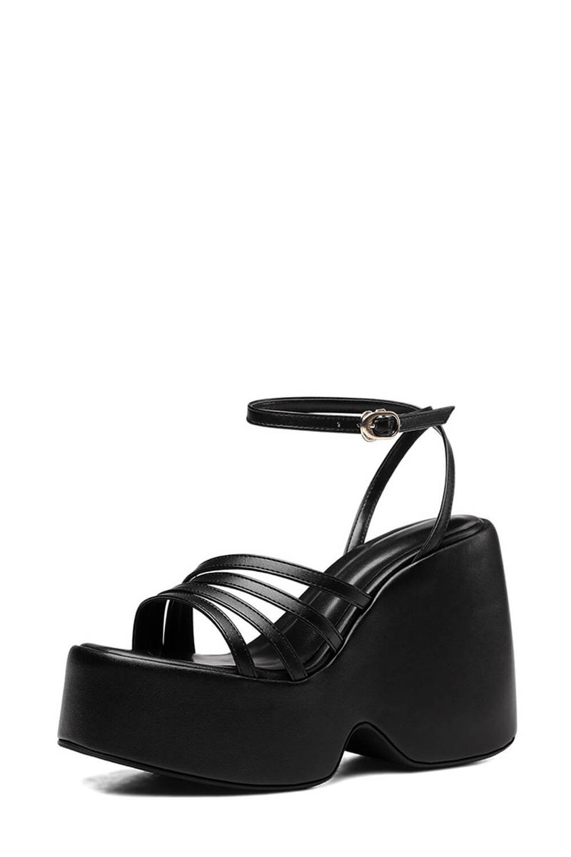 Faux Leather Strappy Peep Toe Wedge Heeled Ankle Sandals - Black