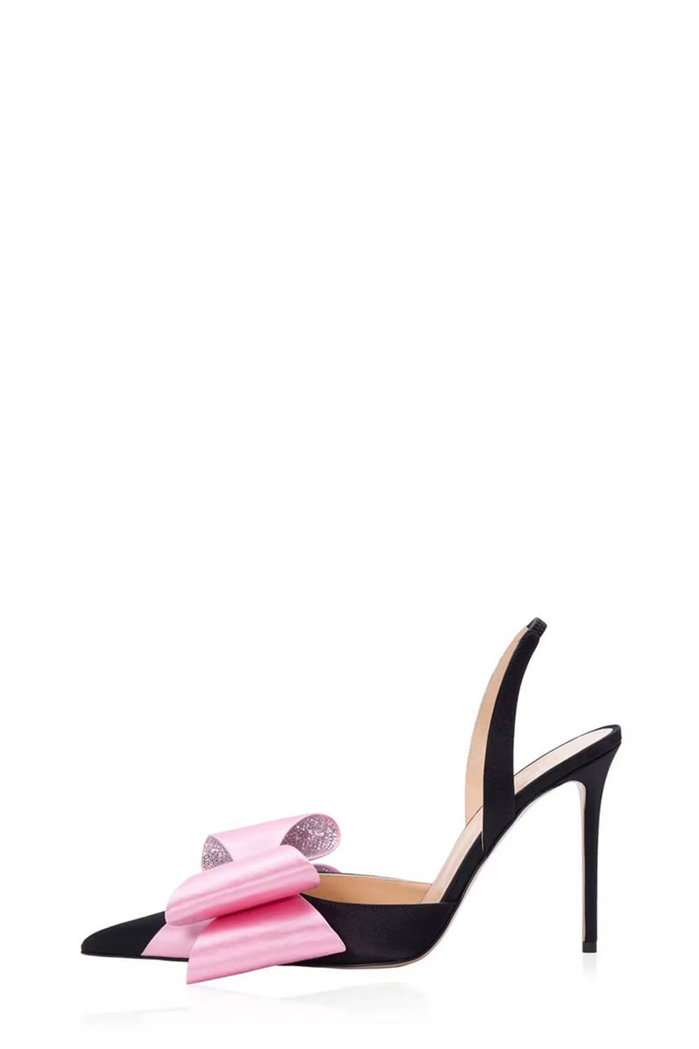 Pink & Black Color Embellished Bow Faux Satin Slingback Stiletto Pumps
