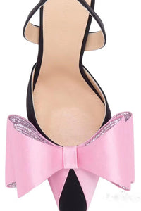Pink & Black Color Embellished Bow Faux Satin Slingback Stiletto Pumps