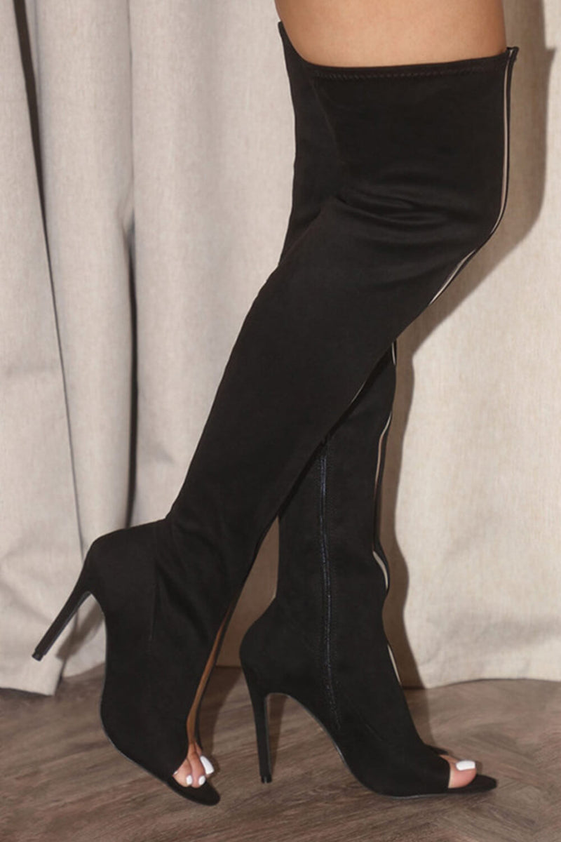 Black Sheer Peep Toe Thigh High Stiletto Boots