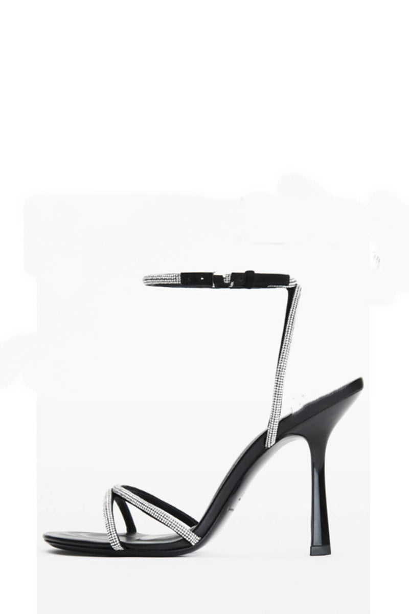 Crystal Faux Leather Square-Toe Heeled Ankle Sandals - Black