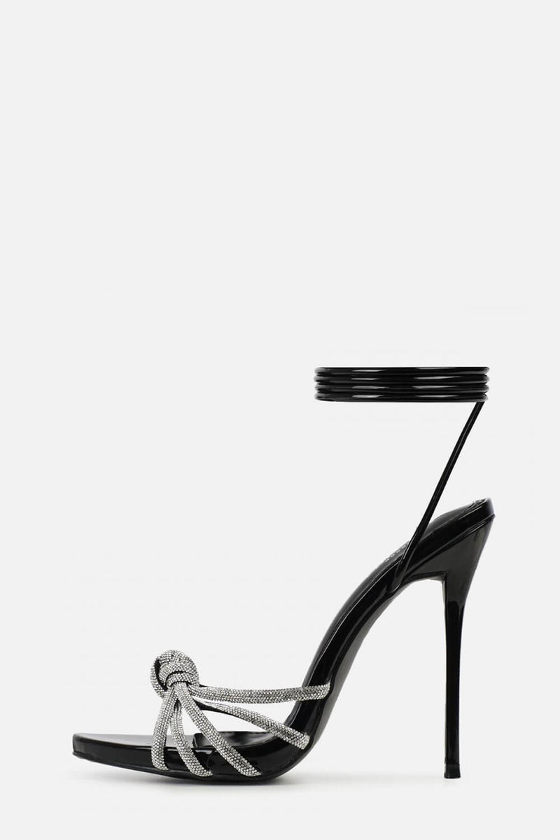 Black Knotted Diamante Lace Up Pointed Toe Stiletto Heels