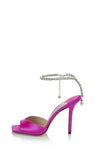 Hot Pink Satin Crystal-Embellished Open Square Toe Stiletto Heeled Courts