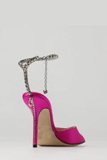 Hot Pink Satin Crystal-Embellished Open Square Toe Stiletto Heeled Courts