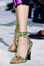 Metallic Crystal-Embellished Poiny Jewel Lace Up Stiletto Heeled Sandals - Green