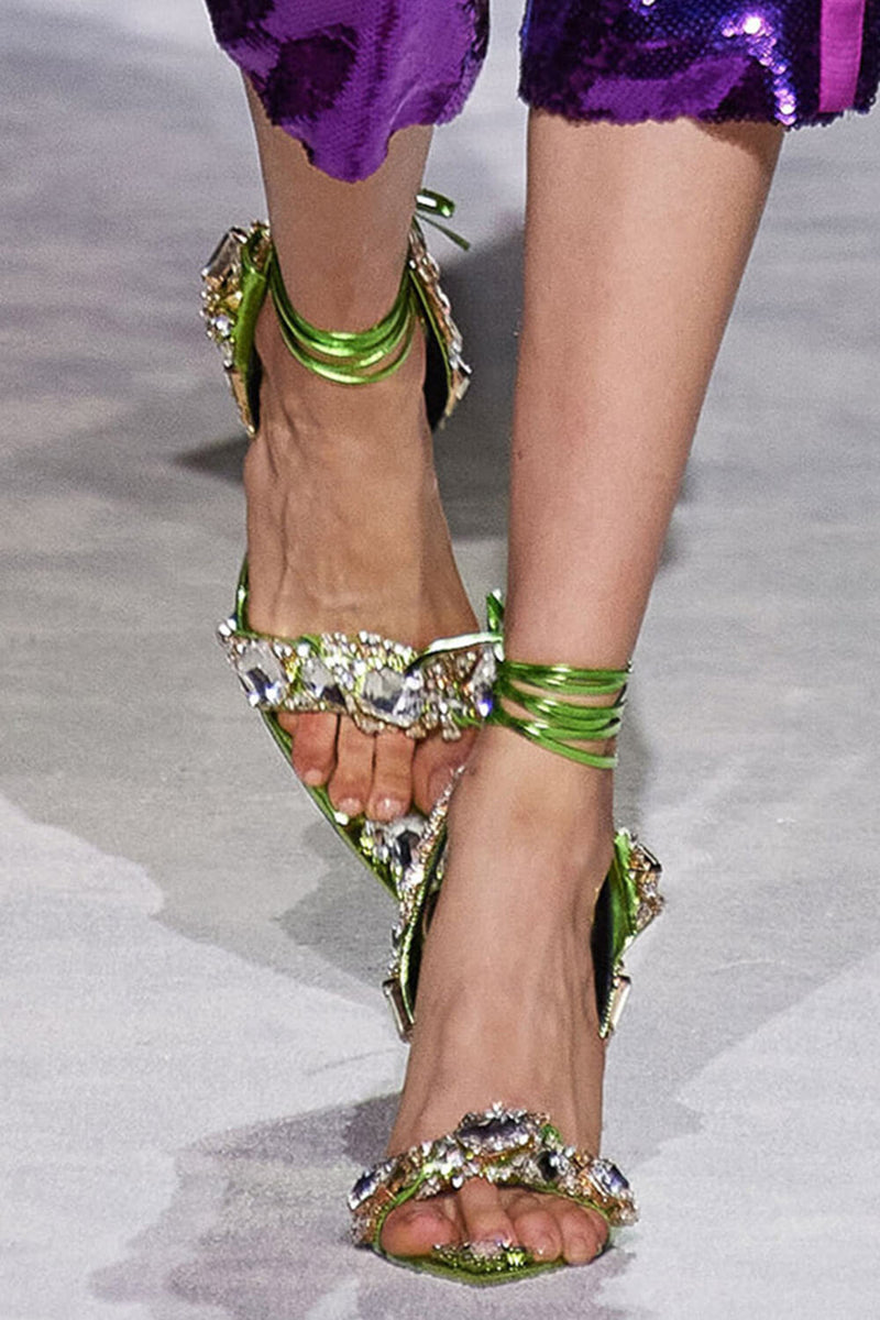 Metallic Crystal-Embellished Poiny Jewel Lace Up Stiletto Heeled Sandals - Green