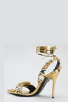 Metallic Crystal-Embellished Poiny Jewel Lace Up Stiletto Heeled Sandals - Gold