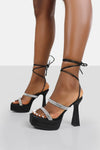 Faux Leather Diamante Open Square Toe Lace Up Platform Heels - Black