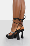 Faux Leather Diamante Open Square Toe Lace Up Platform Heels - Black