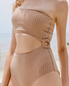 Ribbed Cut Out One Shoulder One Piece Swimsuit - White/Lilac/Olivedrab/Tan