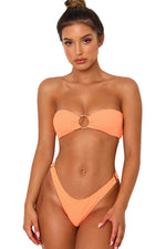 Ribbed Bandeau High Leg Bikini Set With O-Ring Detail - White/Pink/Orange/Black/Plum