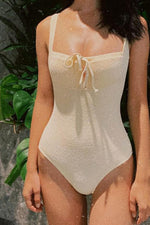 Cream Textured Knotted Cut Out One Piece Swimsuit