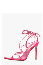 Pink Faux Leather Open Pointed Toe Lace Up Heeled Sandals