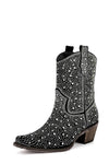 Crystal-Embellished Mid-Calf Western Cowboy Block-Heel Booties