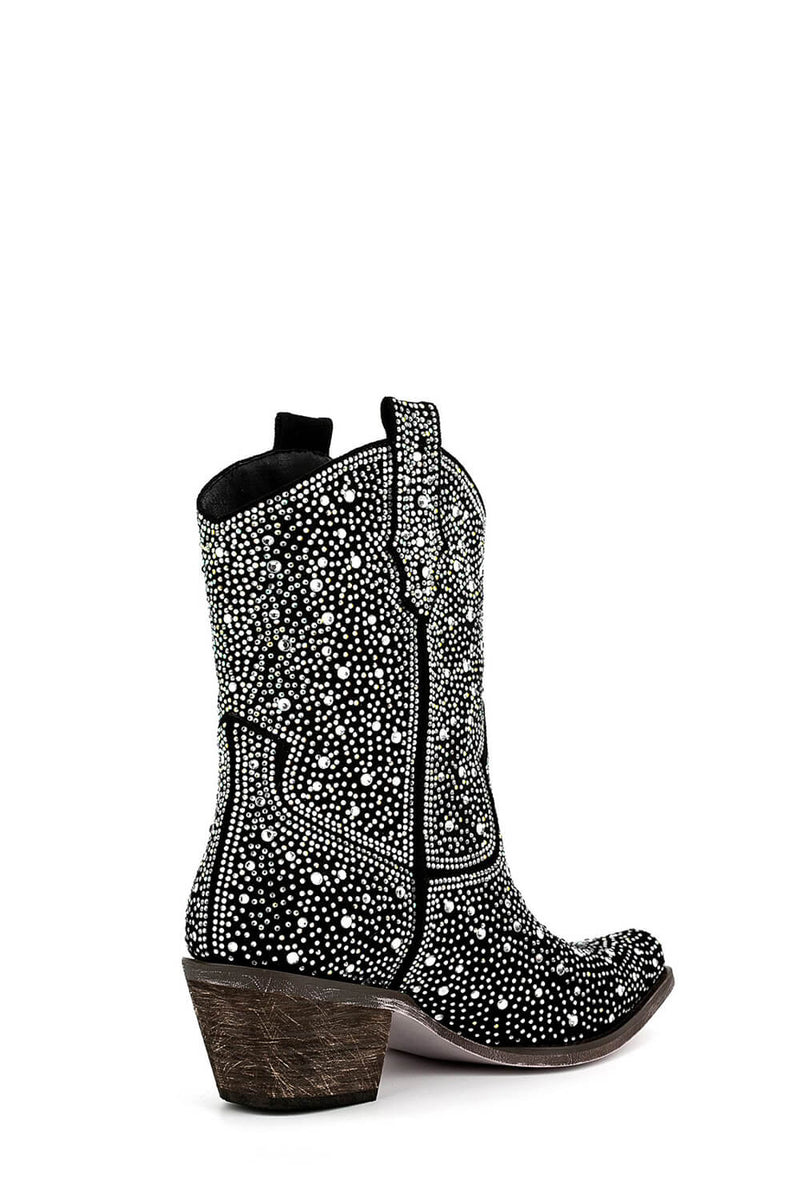 Crystal-Embellished Mid-Calf Western Cowboy Block-Heel Booties