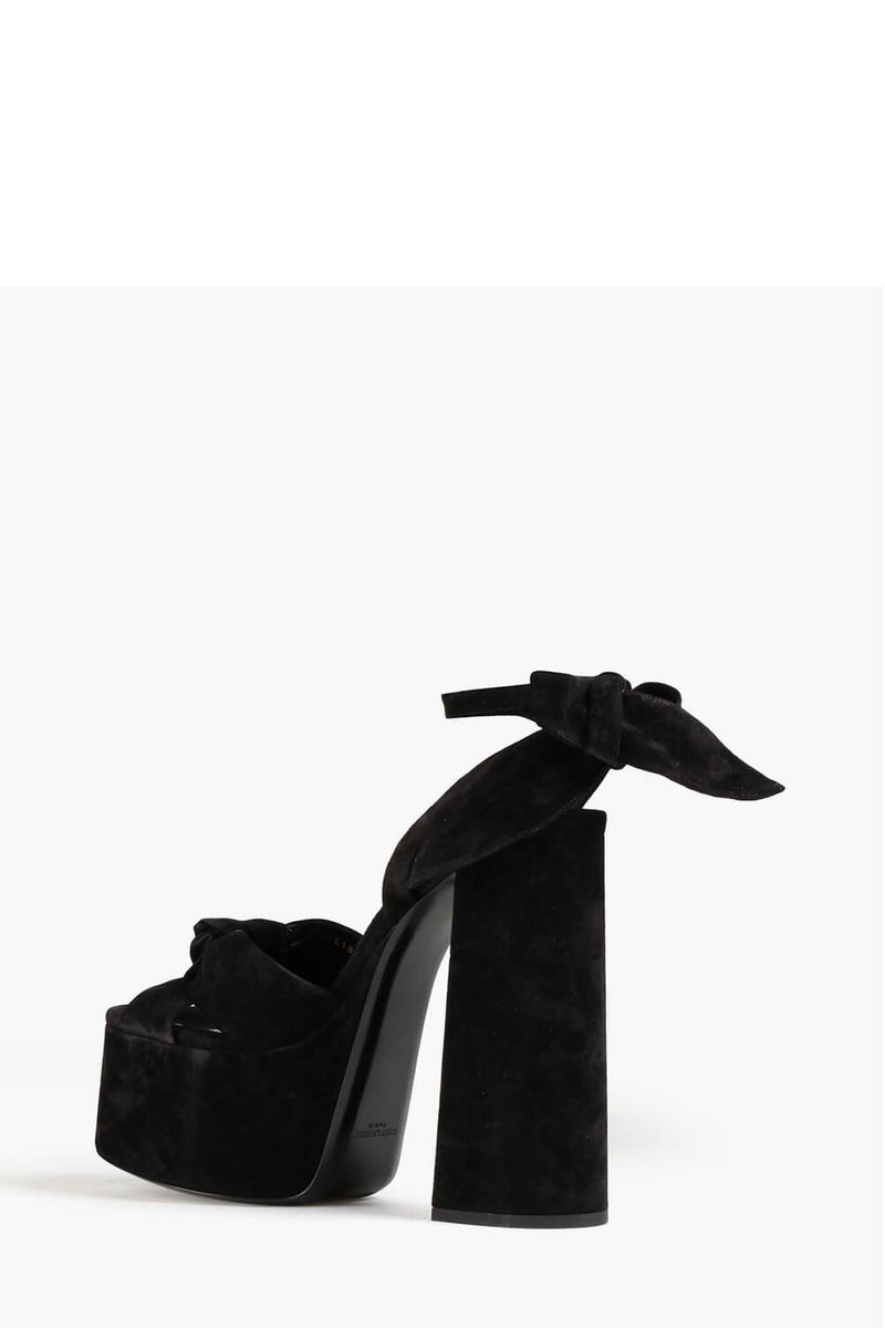 Knotted Ankle-Wrap Open Toe Platform Suede Sandals - Black