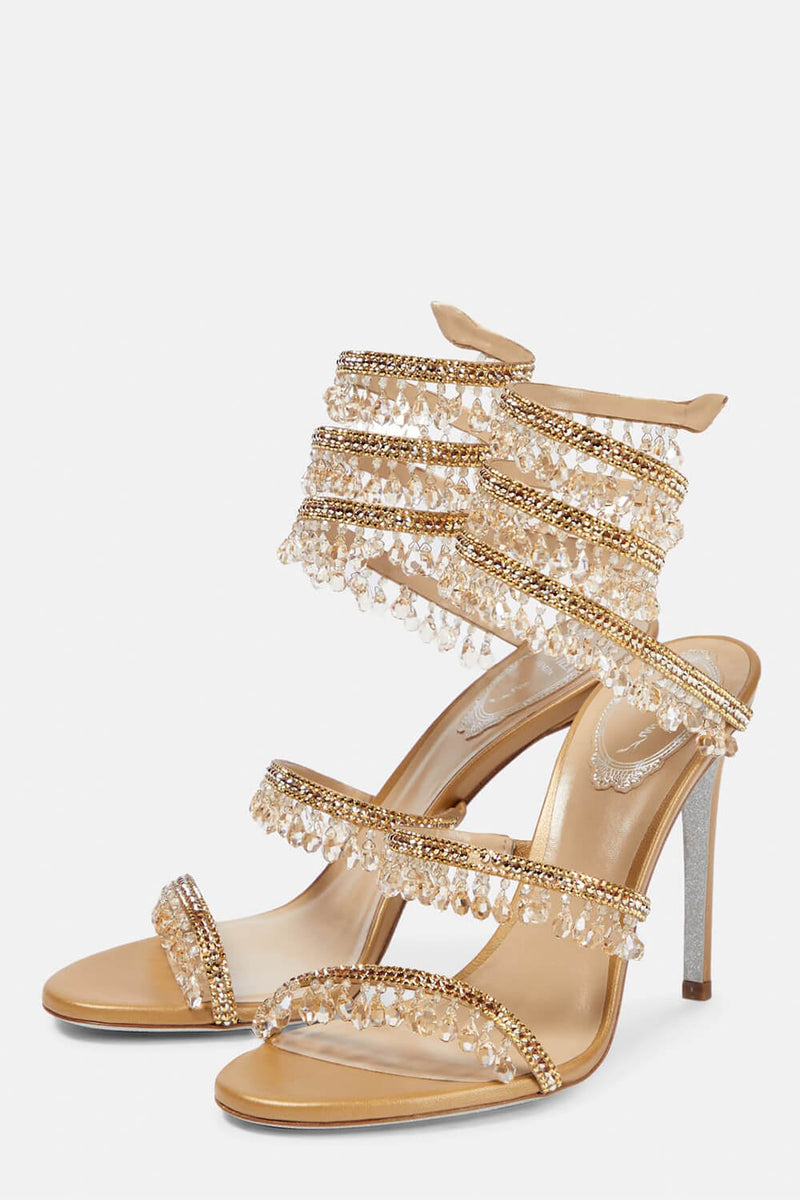 Crystal Chandelier Embellished Faux Satin Wraparound Self-Tie Slingback Sandals - Gold