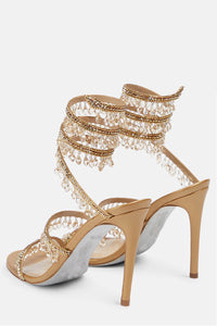 Crystal Chandelier Embellished Faux Satin Wraparound Self-Tie Slingback Sandals - Gold