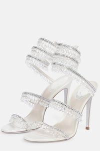 Crystal Chandelier Embellished Faux Satin Wraparound Self-Tie Slingback Sandals - White