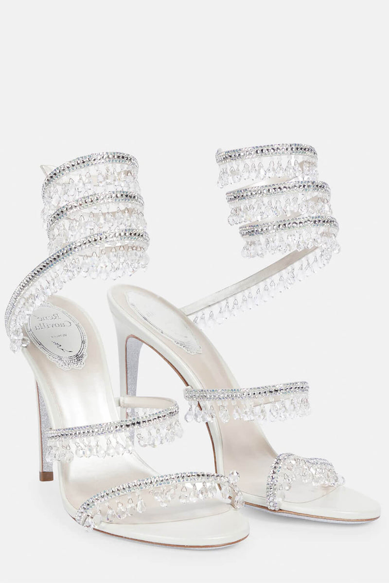 Crystal Chandelier Embellished Faux Satin Wraparound Self-Tie Slingback Sandals - White