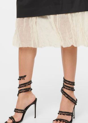 Crystal Chandelier Embellished Faux Satin Wraparound Self-Tie Slingback Sandals - Black