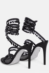 Crystal Chandelier Embellished Faux Satin Wraparound Self-Tie Slingback Sandals - Black
