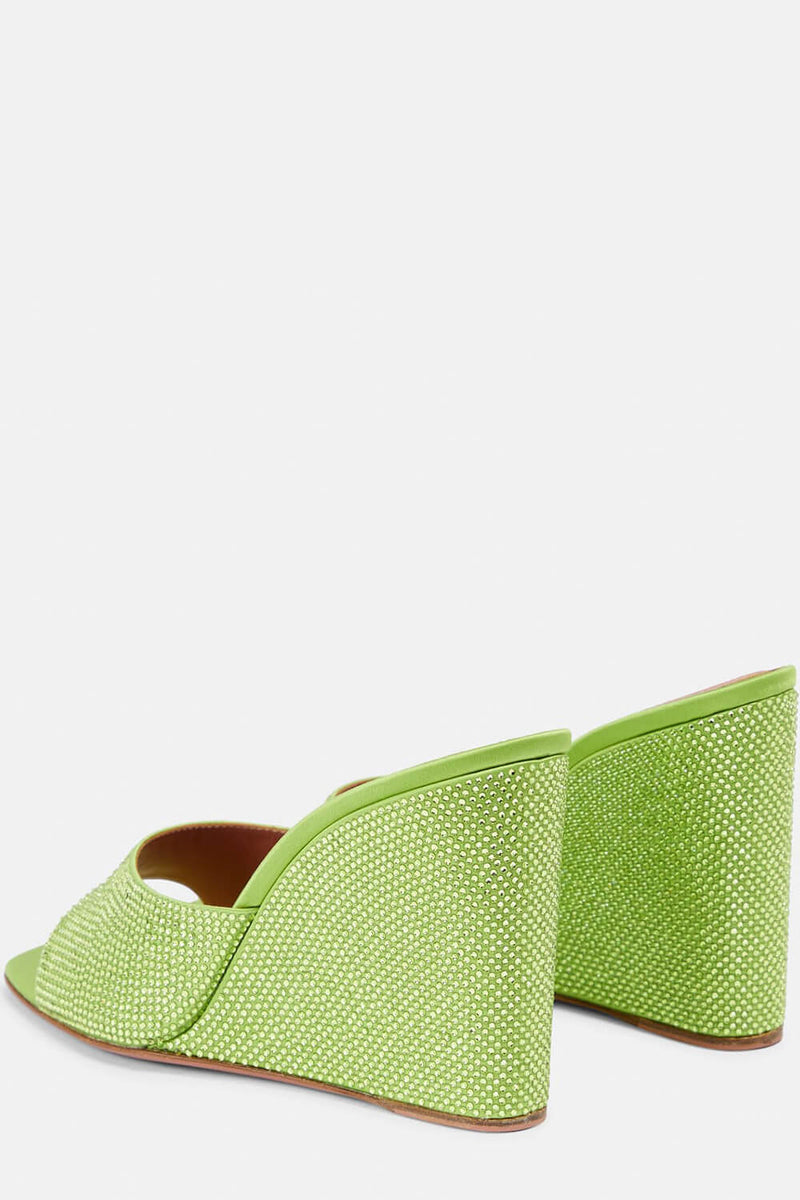 Crystal-Embellished Faux Suede Open Toe High Wedge Mules - Green