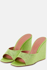 Crystal-Embellished Faux Suede Open Toe High Wedge Mules - Green
