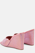 Crystal-Embellished Faux Suede Open Toe High Wedge Mules - Pink