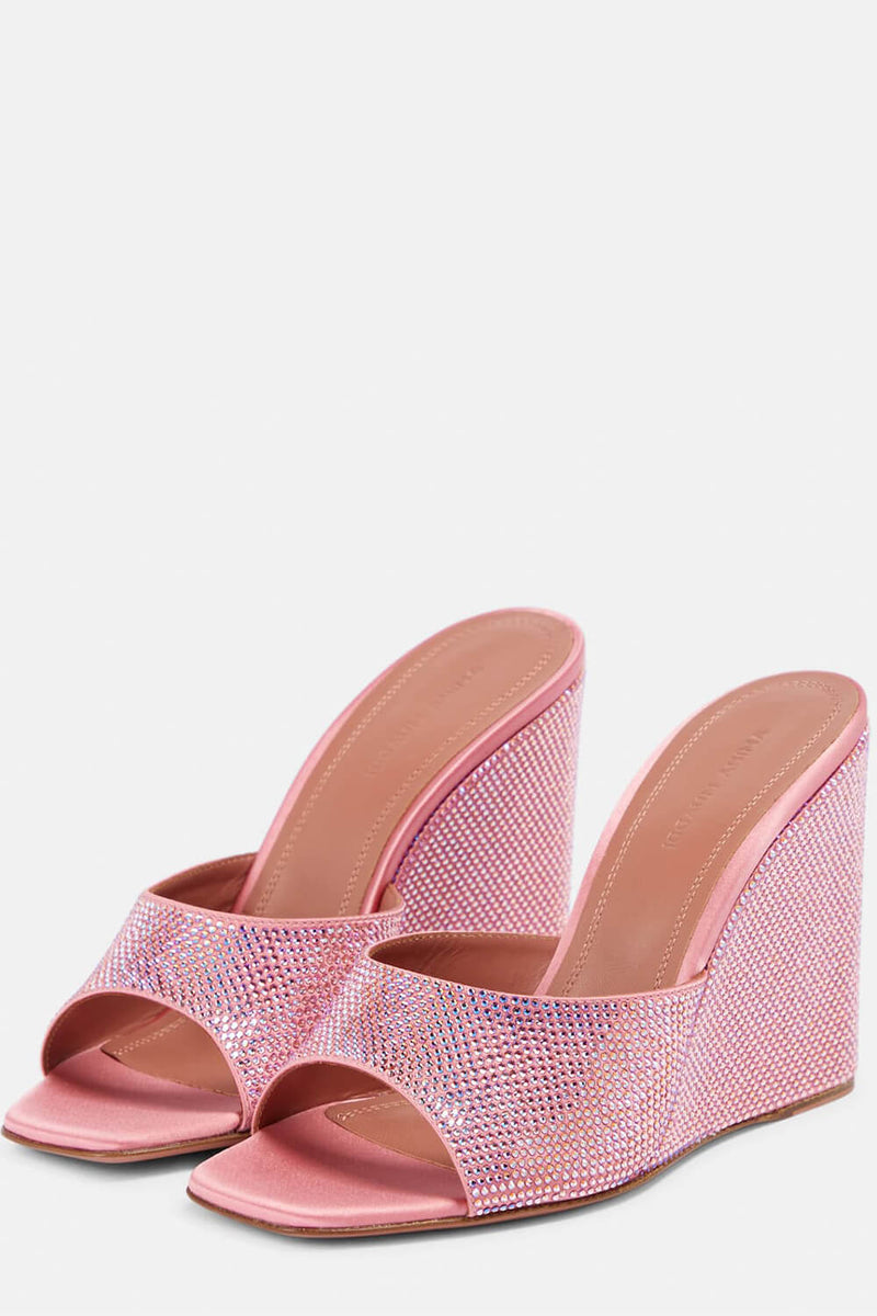 Crystal-Embellished Faux Suede Open Toe High Wedge Mules - Pink