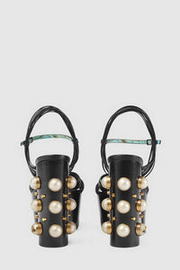 Knotted Strap Platform Sandals With Faux Pearls - Black