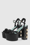 Knotted Strap Platform Sandals With Faux Pearls - Black