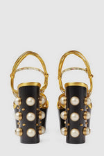 Knotted Strap Platform Sandals With Faux Pearls - Gold