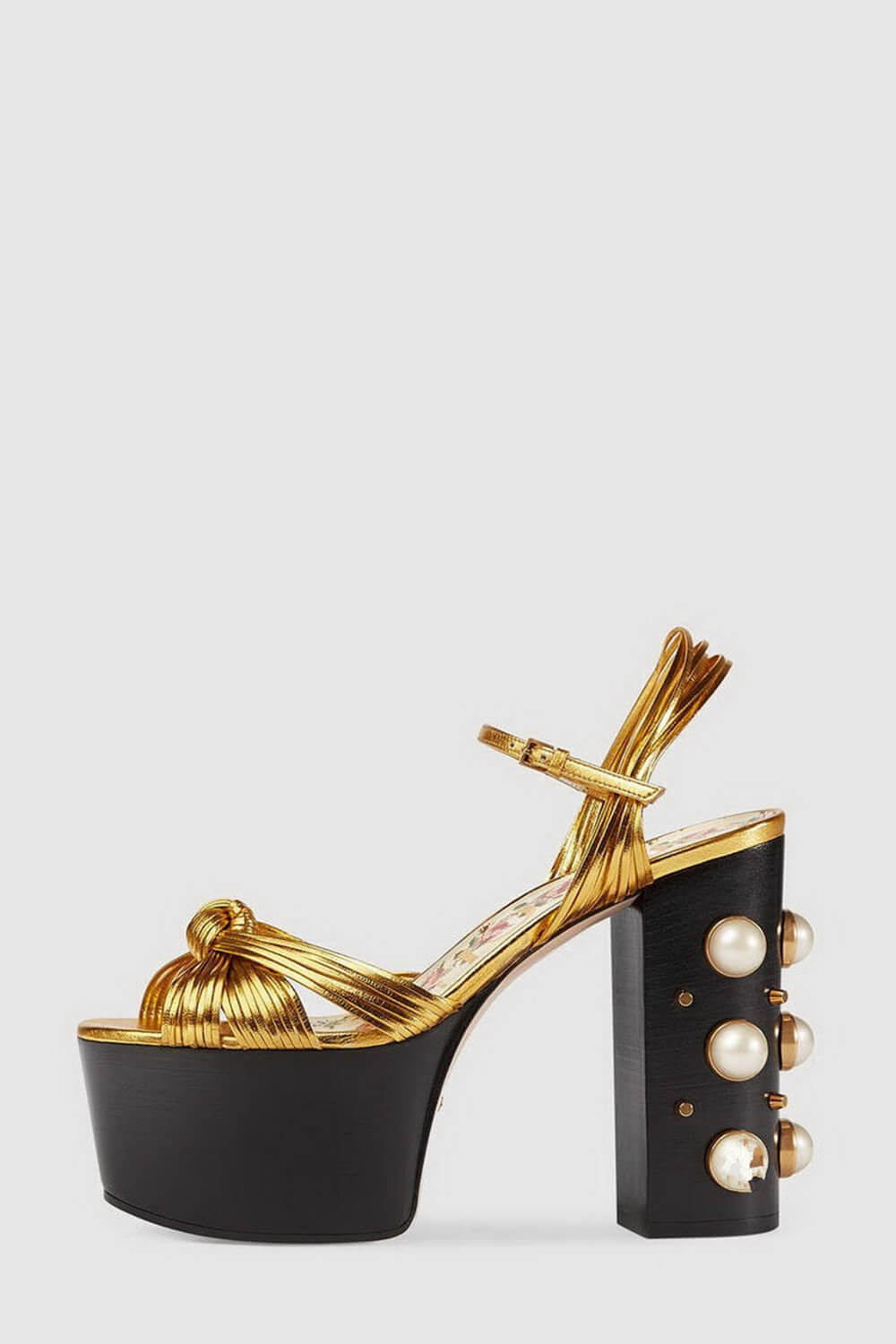Knotted Strap Platform Sandals With Faux Pearls - Gold