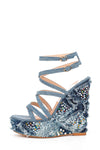 Denim Gem-Embellished Strappy Peep Toe Lace Up High Wedge Sandals