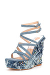 Denim Gem-Embellished Strappy Peep Toe Lace Up High Wedge Sandals
