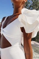 White Textured Ruffled Twisted Cut-Out One-Piece Swimsuit