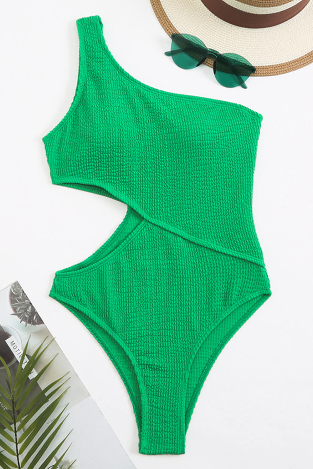 Crinkle Cut-Out One-Shoulder One Piece Swimsuit - Black/Green/Plum/Salmon/Neon Green/Light Blue/Red