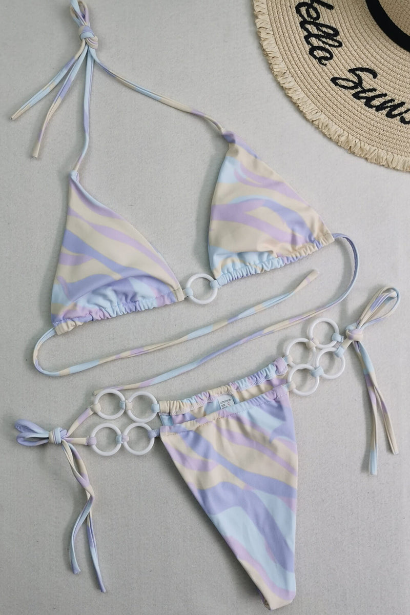 Vintage Patterned Triangle Halter Tie Side Bikini Set With O-Ring Detail