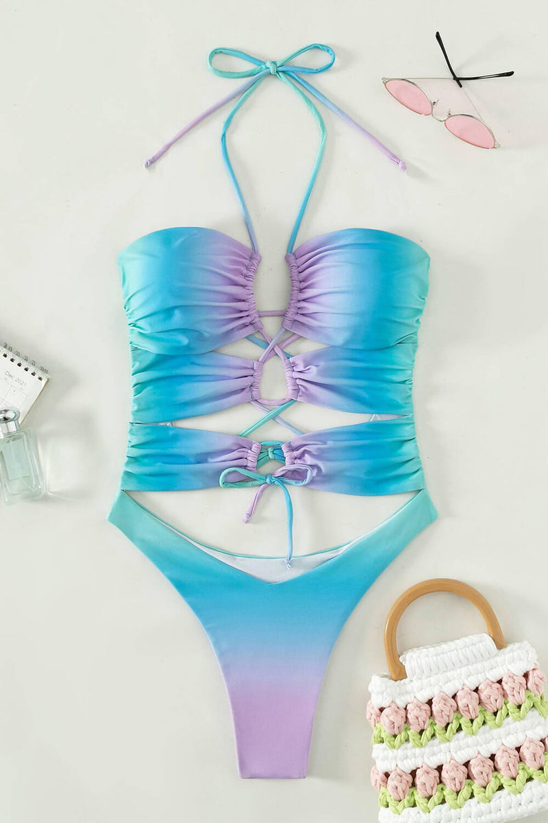 Tie-Dye Lace Up Cut-Out One Piece Swimsuit - Lavender Mint